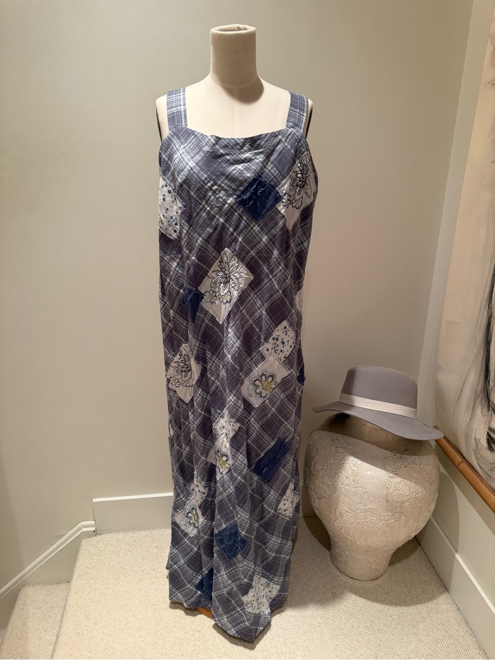 Blue Plaid Floral Patchwork Maxi Dress